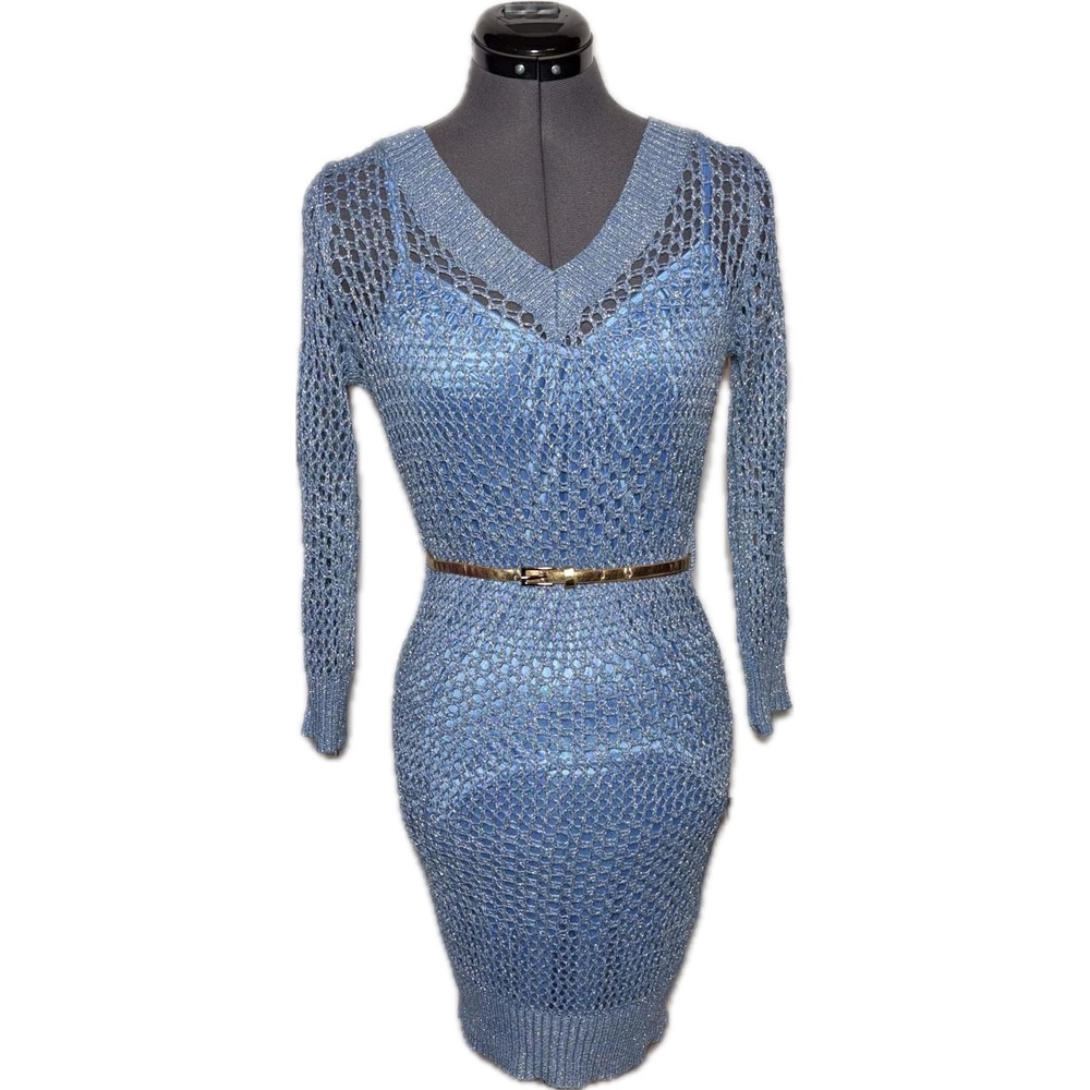 Baby Phat Sinful Lolita Y2K Metallic Crochet Blue Bodycon Dress M